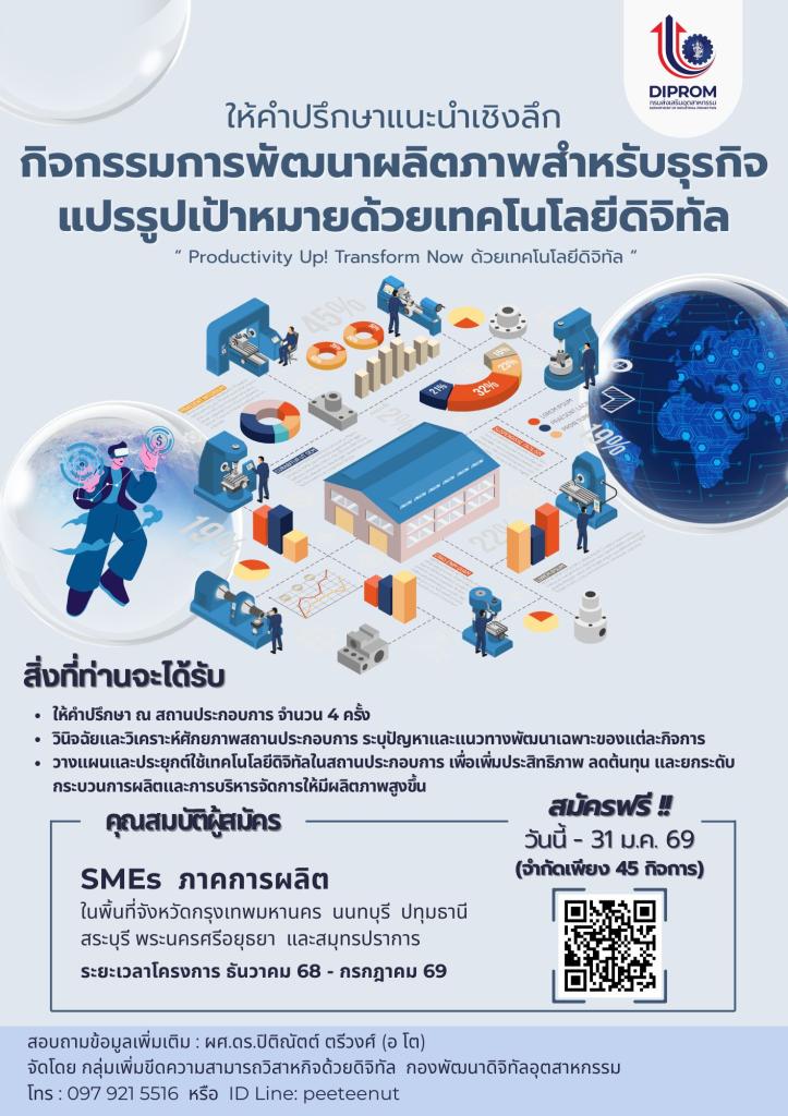 ประชาสัมพันธ์รับสมัครวิสาหกิจขนาดกลางและขนาดย่อม (SMEs) ภาคการผลิต เข้าร่วมกิจกรรมการพัฒนาผลิตภาพสำหรับธุรกิจแปรรูปเป้าหมายด้วยเทคโนโลยีดิจิทัล