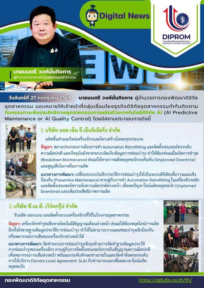 ผอ.กท. มอบเจ้าหน้าที่ กช.กท. ติดตามกิจกรรมการเพิ่มประสิทธิภาพอุตสาหกรรมการผลิตด้วยเทคโนโลยีดิจิทัล AI (AI Predictive Maintenance or AI Quality Control)