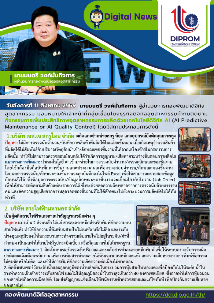 ผอ.กท. มอบหมายให้เจ้าหน้าที่กลุ่มเชื่อมโยงธุรกิจดิจิทัลอุตสาหกรรมกำกับติดตาม กิจกรรมการเพิ่มประสิทธิภาพอุตสาหกรรมการผลิตด้วยเทคโนโลยีดิจิทัล AI (AI Predictive Maintenance or AI Quality Control)