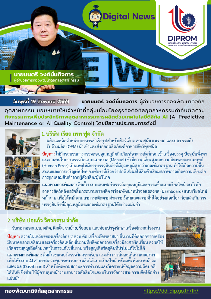 ผอ.กท. มอบเจ้าหน้าที่ กช.กท. ติดตามกิจกรรมการเพิ่มประสิทธิภาพอุตสาหกรรมการผลิตด้วยเทคโนโลยีดิจิทัล AI (AI Predictive Maintenance or AI Quality Control)