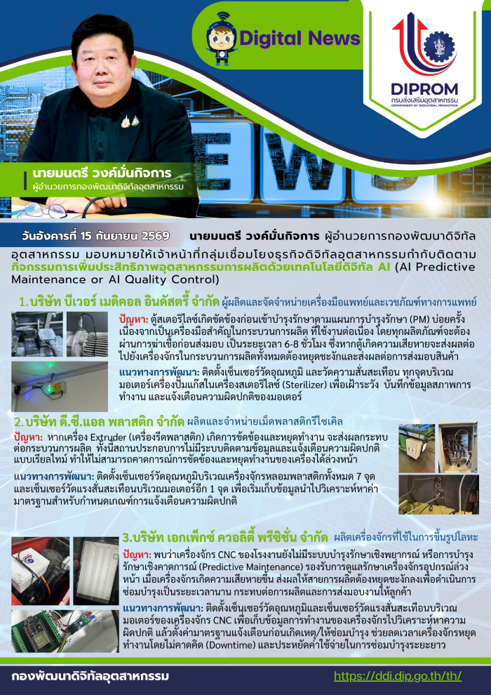 ผอ.กท. มอบเจ้าหน้าที่ กช.กท. ติดตามกิจกรรมการเพิ่มประสิทธิภาพอุตสาหกรรมการผลิตด้วยเทคโนโลยีดิจิทัล AI (AI Predictive Maintenance or AI Quality Control)