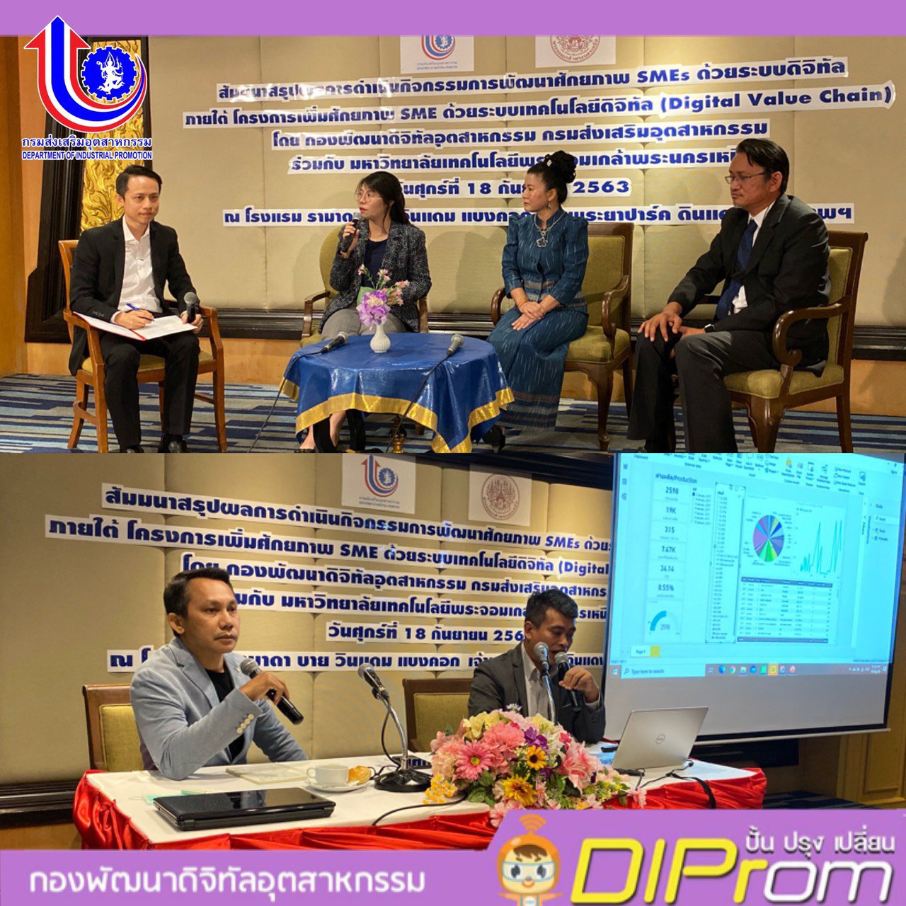 กรุงเทพมหานคร : วันที่ 18 กันยายน 2563  กองพัฒนาดิจิทัลอุตสาหกรรม กรมส่งเสริมอุตสาหกรรม (กท.กสอ.) ร่วมกับมหาวิทยาลัยเทคโนโลยีพระจอมเกล้าพระนครเหนือ ได้จัดสัมมนาสรุปผลการดำเนินกิจกรรมการพัฒนาศักยภาพ SMEs ด้วยระบบดิจิทัล