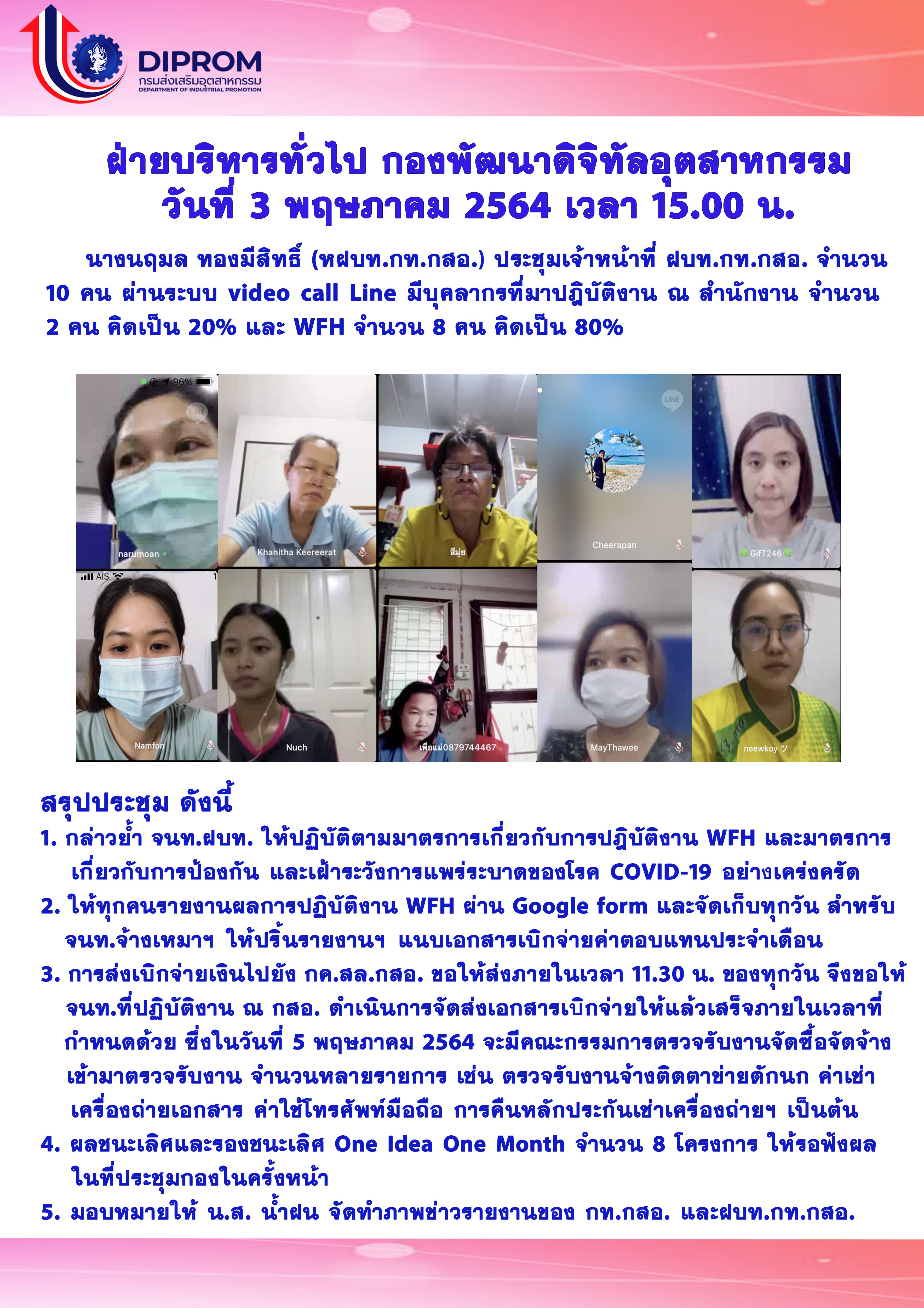 ประชุมวันที่ 3 พฤษภาคม 2564 กองพัฒนาดิจิทัลอุตสาหกรรม ประชุมเจ้าหน้าที่ กท.กสอ. ผ่านระบบ zoom