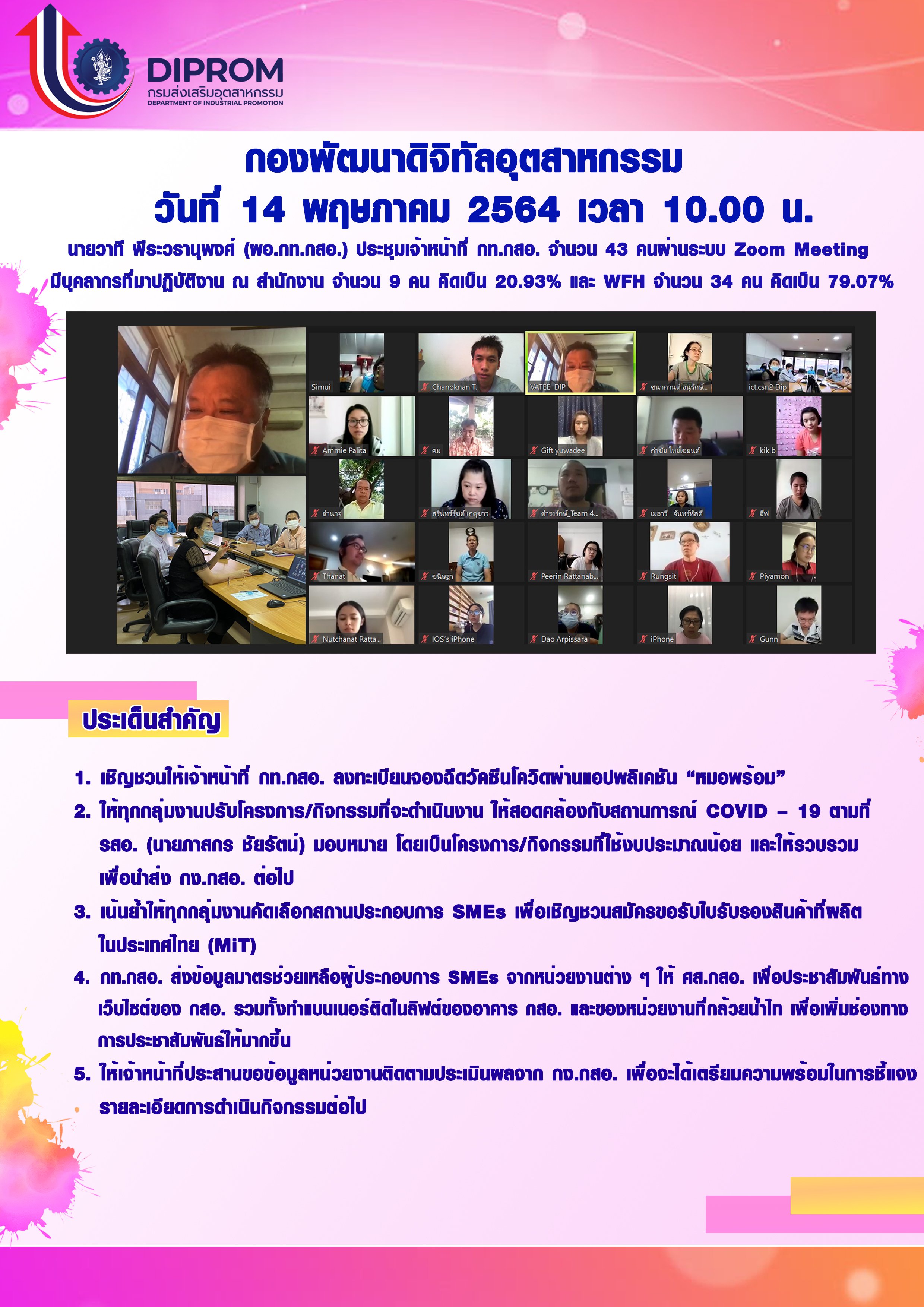 ประชุมวันที่ 14 พฤษภาคม 2564 กองพัฒนาดิจิทัลอุตสาหกรรม ประชุมเจ้าหน้าที่ กท.กสอ. ผ่านระบบ zoom