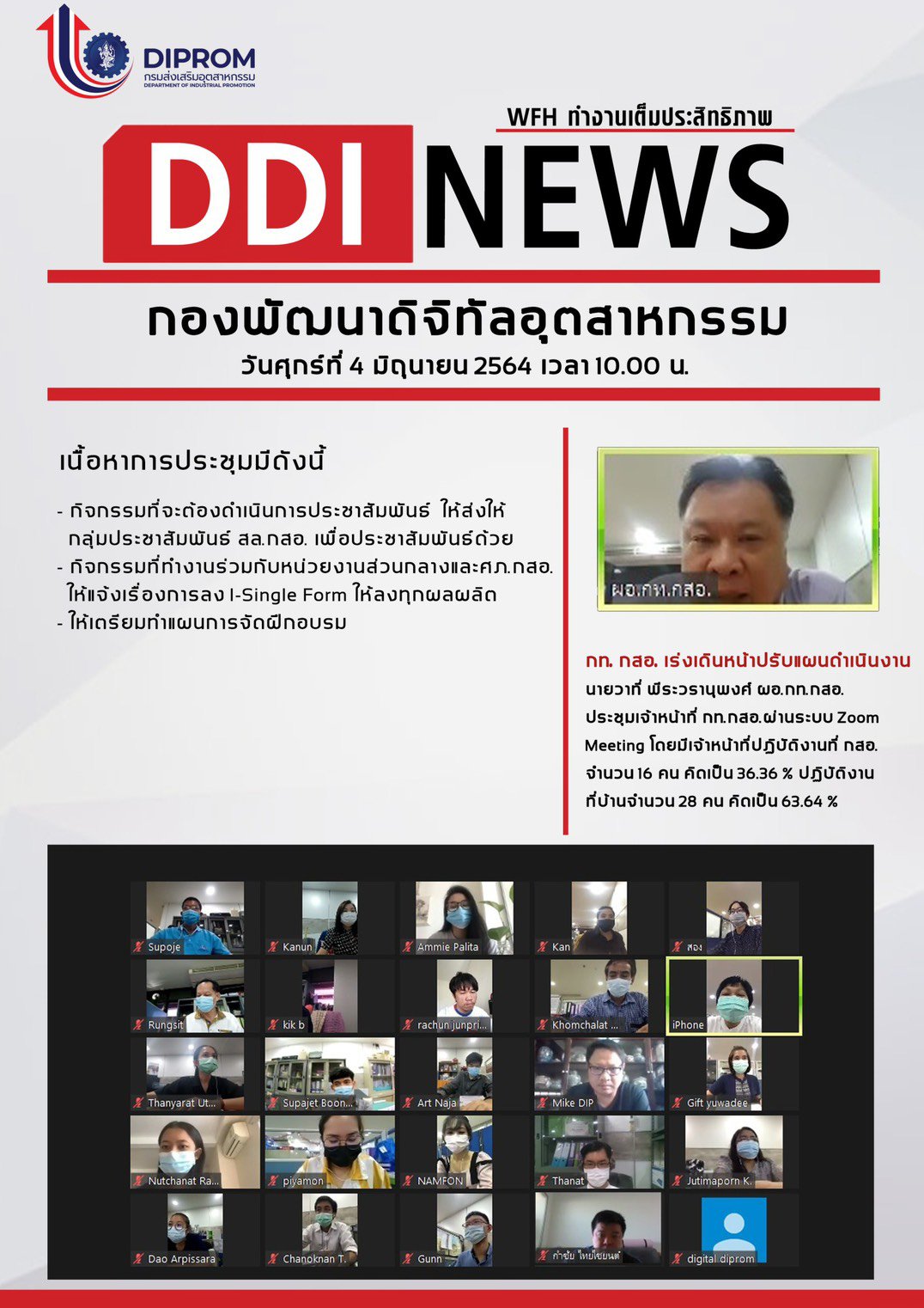 ประชุมวันที่ 4 มิถุนายน 2564 กองพัฒนาดิจิทัลอุตสาหกรรม ประชุมเจ้าหน้าที่ กท.กสอ. ผ่านระบบ zoom