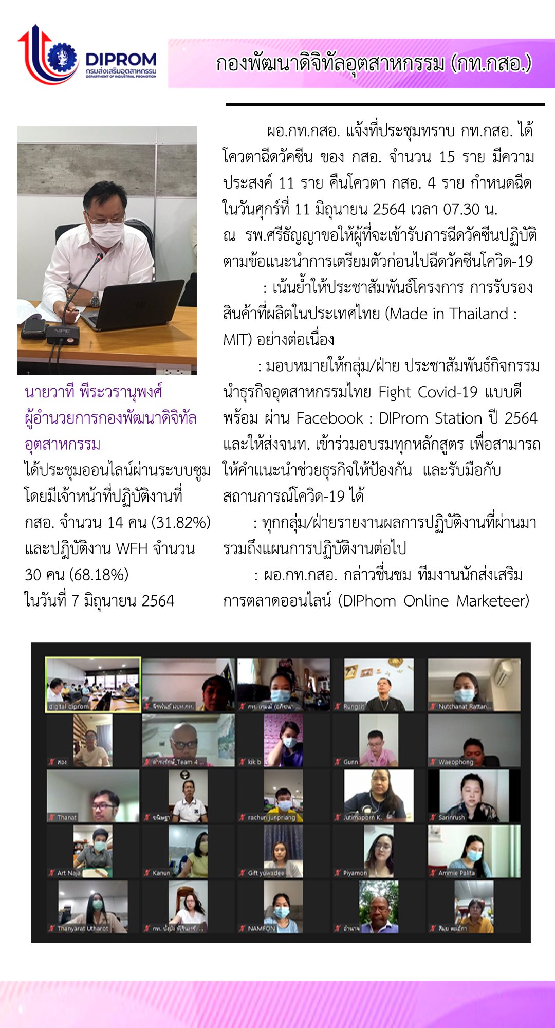 ประชุมวันที่ 7 มิถุนายน 2564 กองพัฒนาดิจิทัลอุตสาหกรรม ประชุมเจ้าหน้าที่ กท.กสอ. ผ่านระบบ zoom