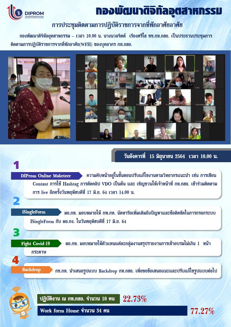 ประชุมวันที่ 15 มิถุนายน 2564 กองพัฒนาดิจิทัลอุตสาหกรรม ประชุมเจ้าหน้าที่ กท.กสอ. ผ่านระบบ zoom