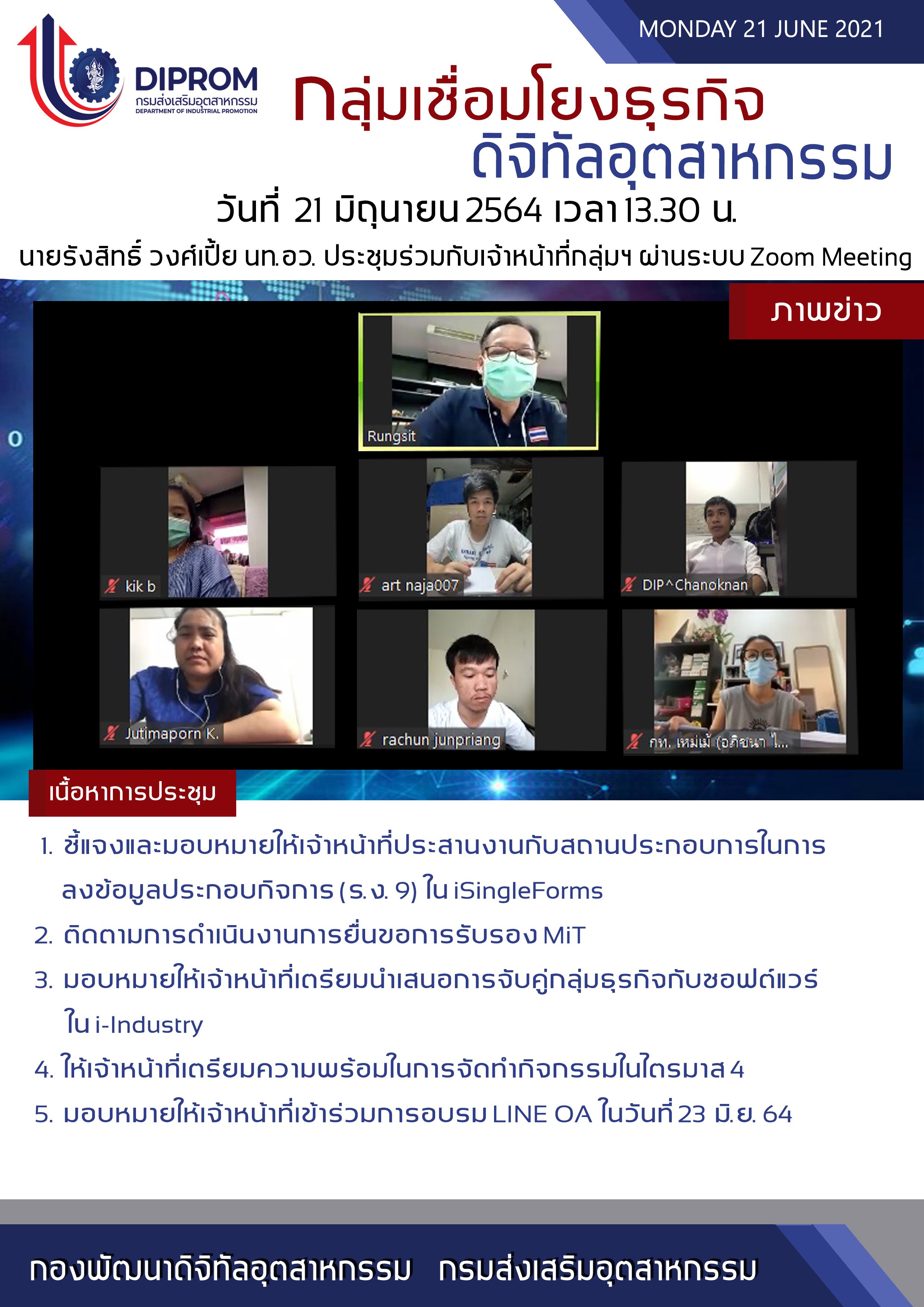 ประชุมวันที่ 21 มิถุนายน 2564 กองพัฒนาดิจิทัลอุตสาหกรรม ประชุมเจ้าหน้าที่ กท.กสอ. ผ่านระบบ zoom