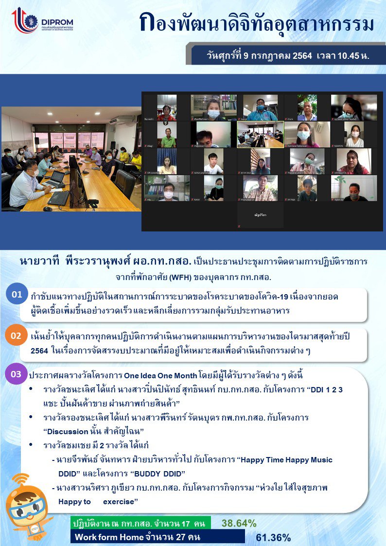 ประชุมวันที่ 9 กรกฎาคม 2564 กองพัฒนาดิจิทัลอุตสาหกรรม ประชุมเจ้าหน้าที่ กท.กสอ. ผ่านระบบ zoom