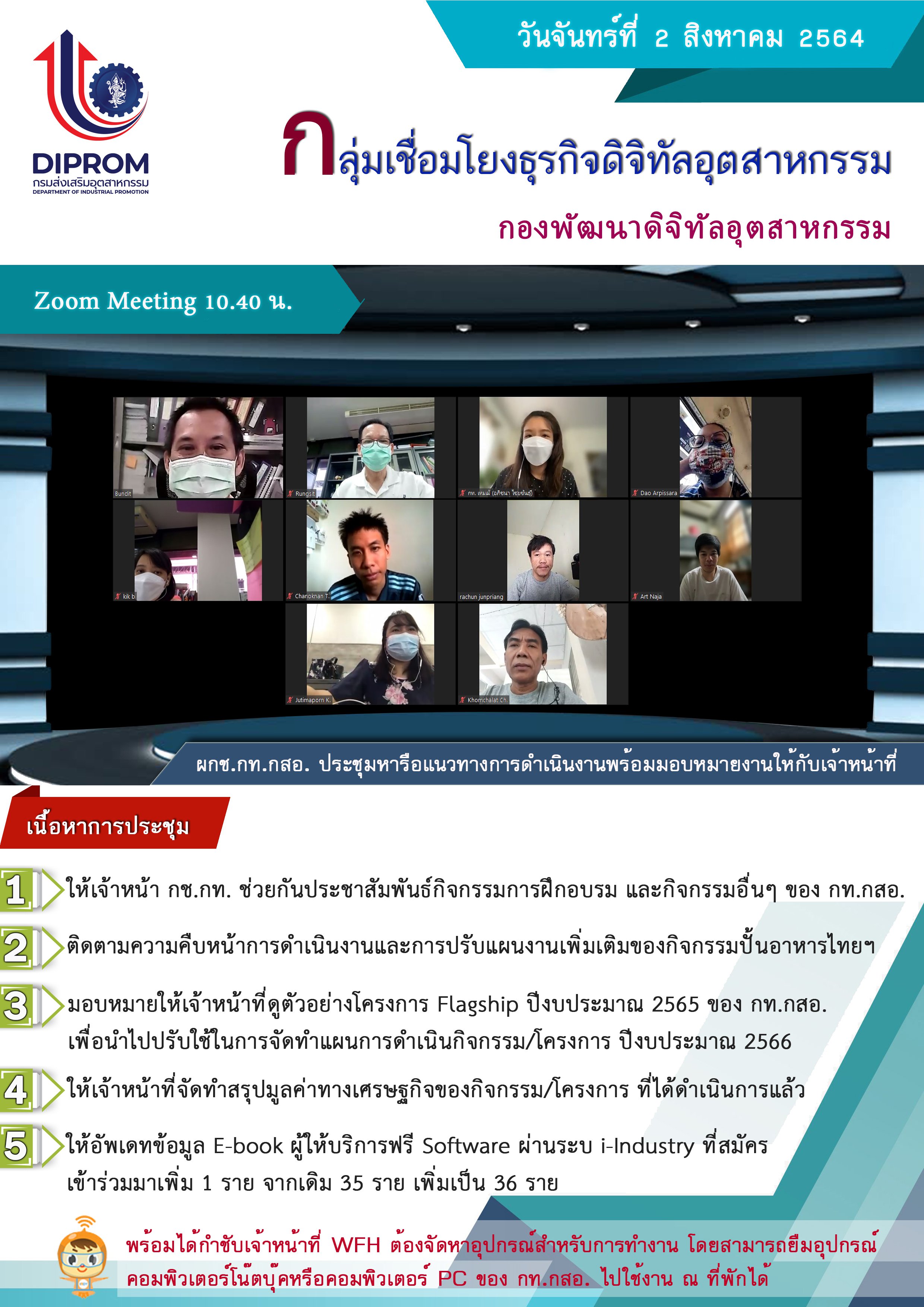 ประชุมวันที่ 2 สิงหาคม 2564 กองพัฒนาดิจิทัลอุตสาหกรรม ประชุมเจ้าหน้าที่ กท.กสอ. ผ่านระบบ zoom