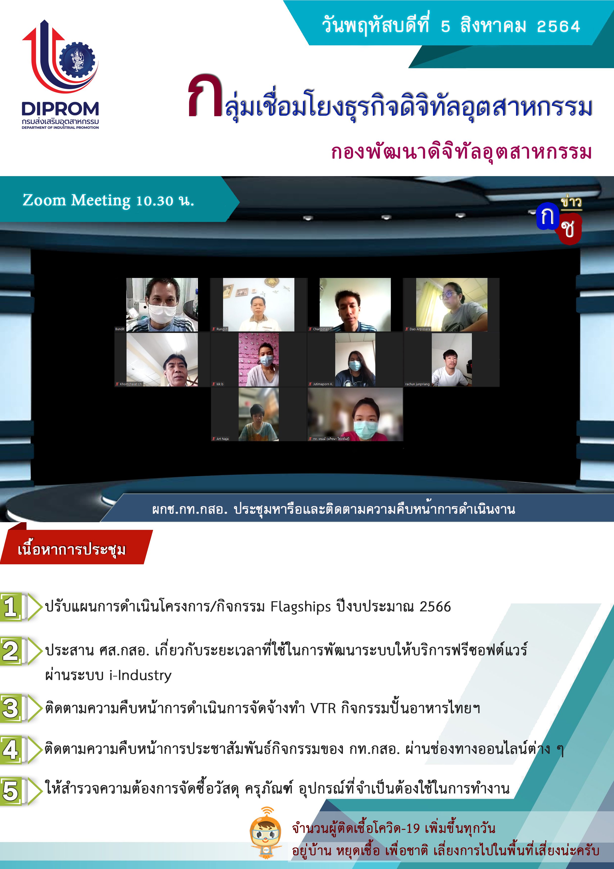 ประชุมวันที่ 5 สิงหาคม 2564 กองพัฒนาดิจิทัลอุตสาหกรรม ประชุมเจ้าหน้าที่ กท.กสอ. ผ่านระบบ zoom