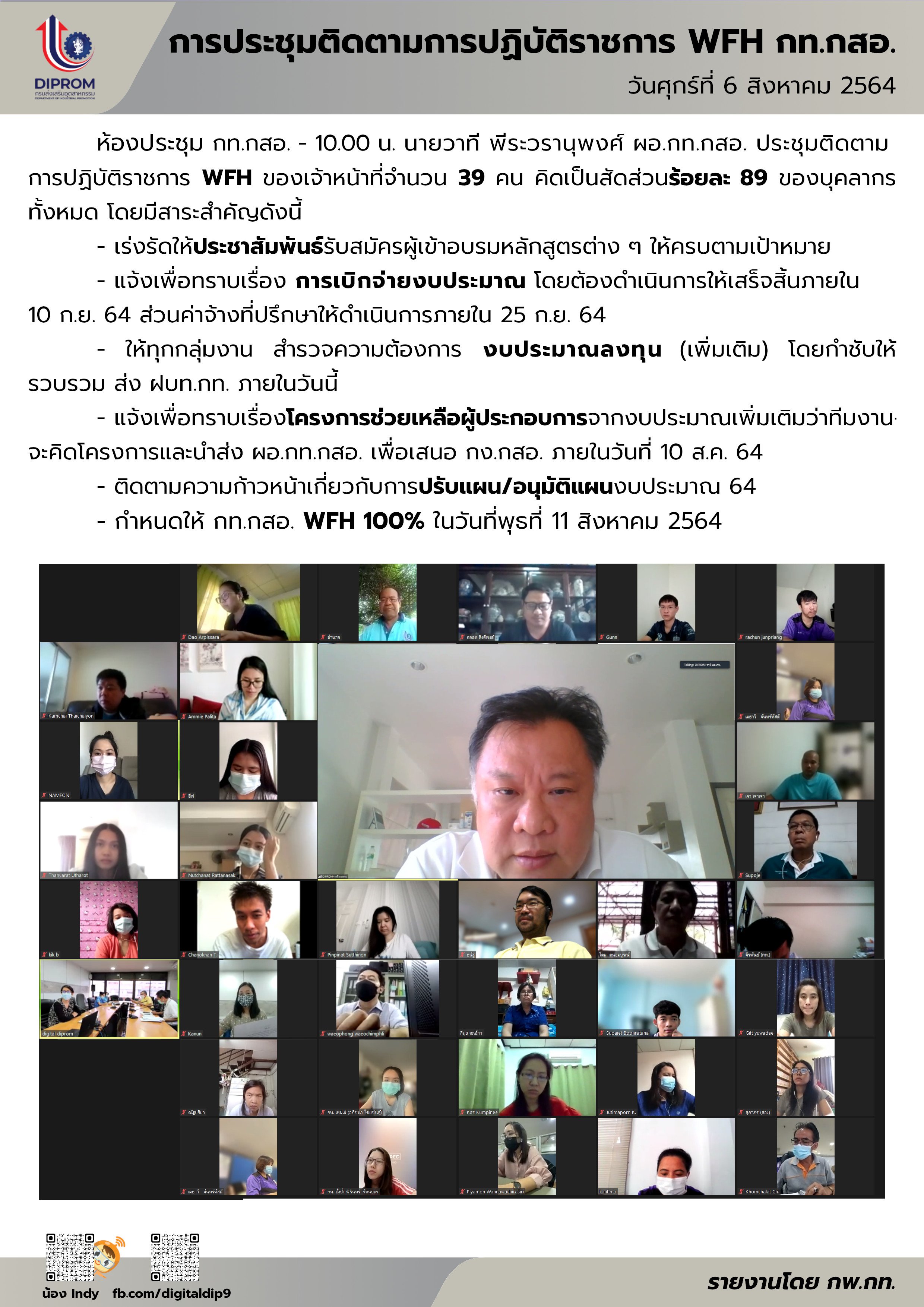 ประชุมวันที่ 6 สิงหาคม 2564 กองพัฒนาดิจิทัลอุตสาหกรรม ประชุมเจ้าหน้าที่ กท.กสอ. ผ่านระบบ zoom