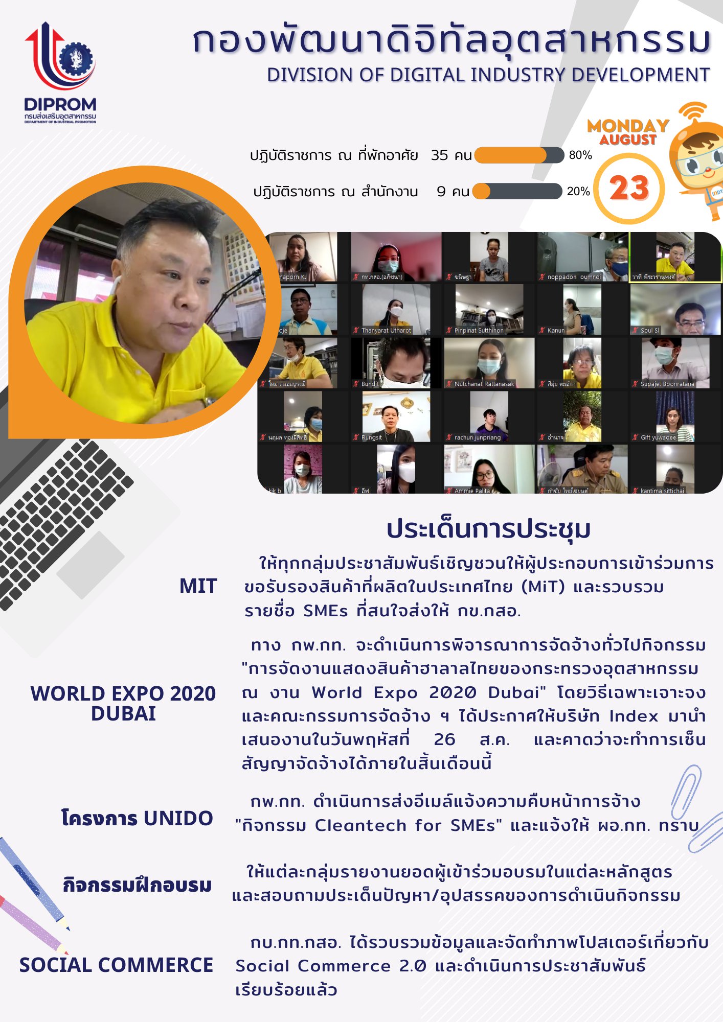 ประชุมวันที่ 23 สิงหาคม 2564 กองพัฒนาดิจิทัลอุตสาหกรรม ประชุมเจ้าหน้าที่ กท.กสอ. ผ่านระบบ zoom