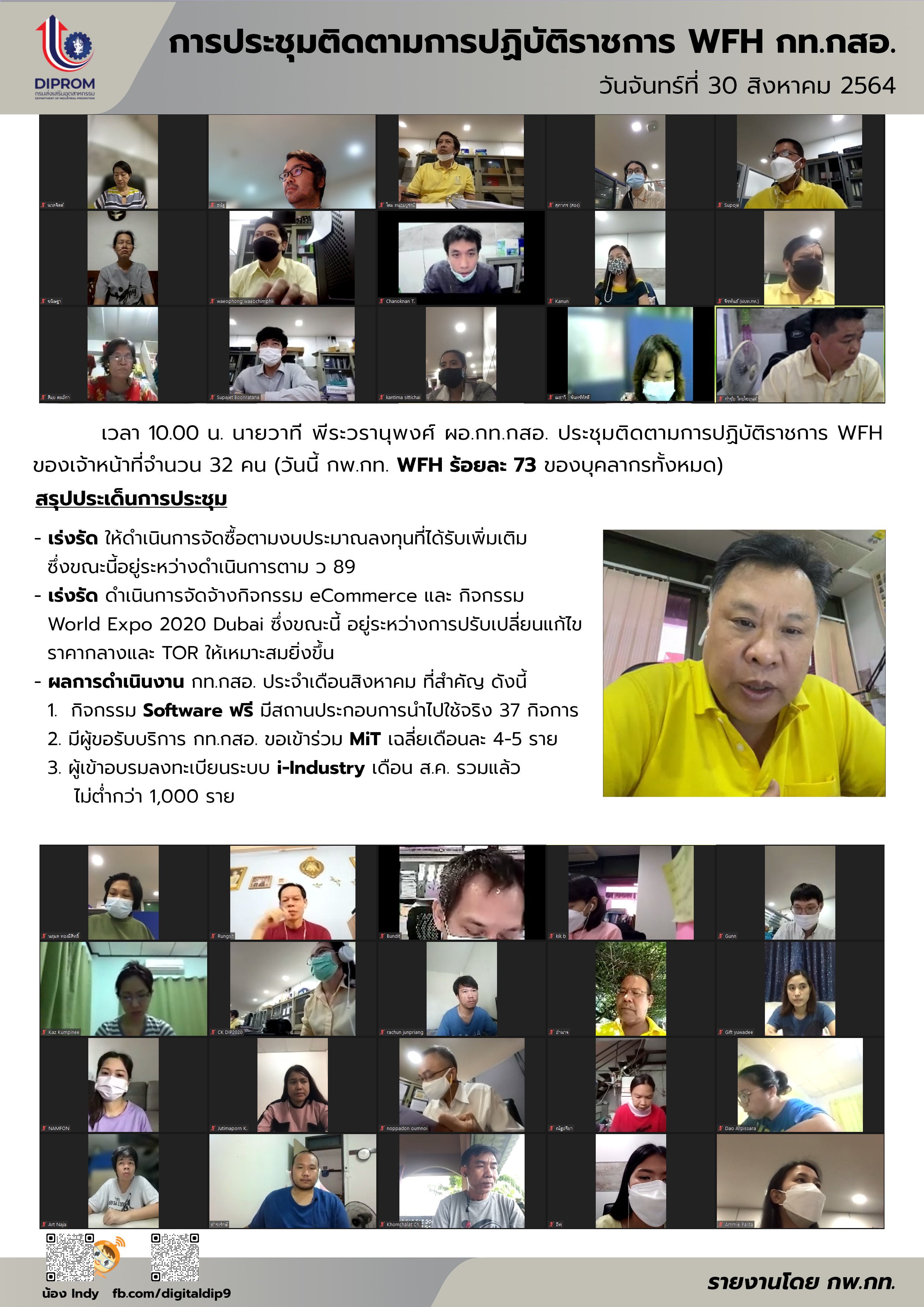 ประชุมวันที่ 30 สิงหาคม 2564 กองพัฒนาดิจิทัลอุตสาหกรรม ประชุมเจ้าหน้าที่ กท.กสอ. ผ่านระบบ zoom