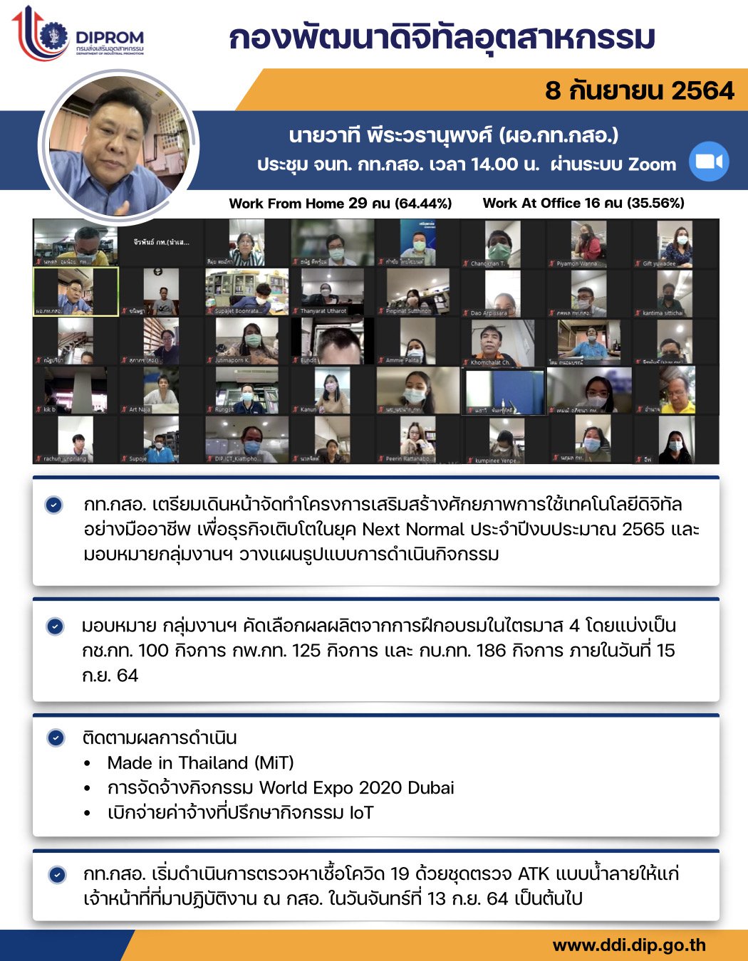 ประชุมวันที่ 8 กันยายน 2564 กองพัฒนาดิจิทัลอุตสาหกรรม ประชุมเจ้าหน้าที่ กท.กสอ. ผ่านระบบ zoom