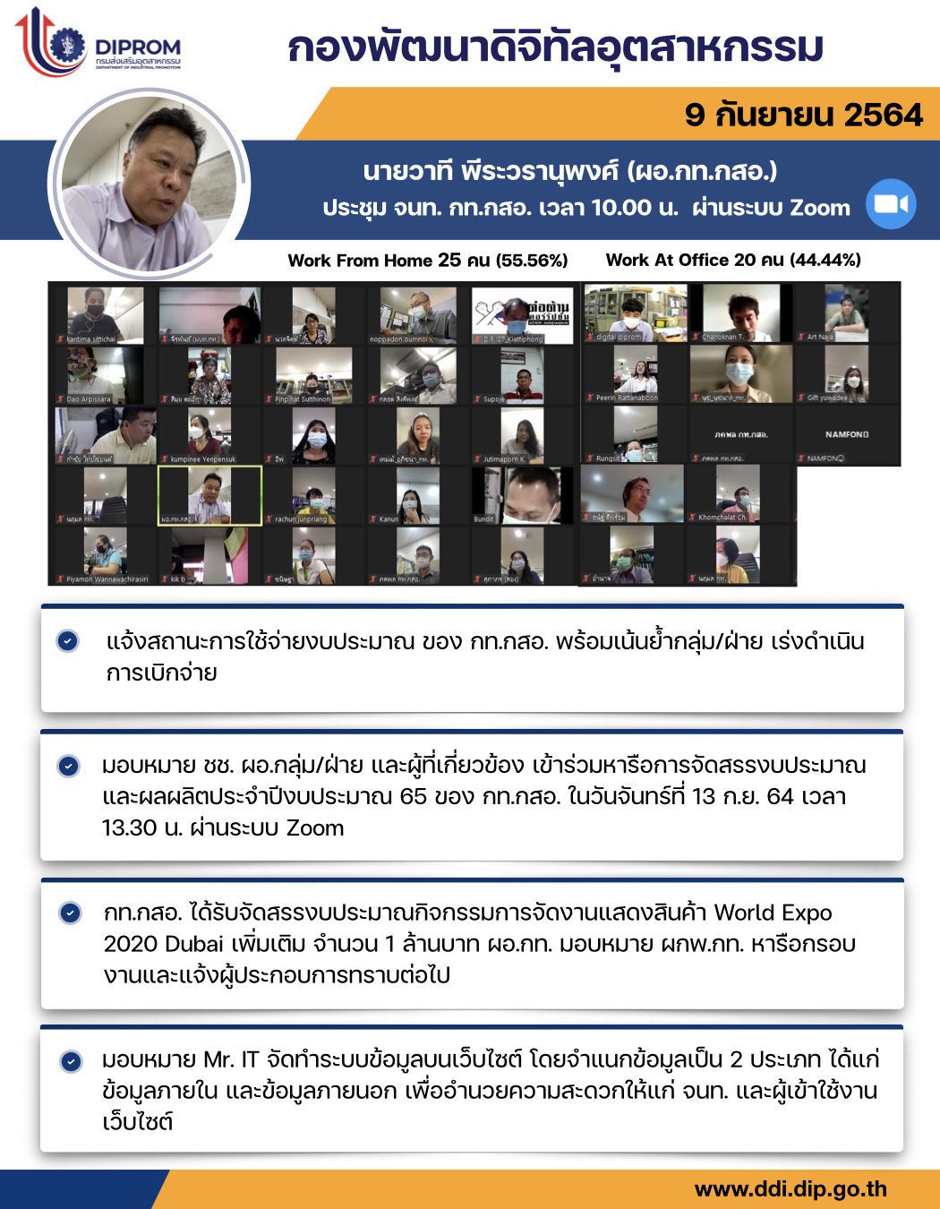 ประชุมวันที่ 9 กันยายน 2564 กองพัฒนาดิจิทัลอุตสาหกรรม ประชุมเจ้าหน้าที่ กท.กสอ. ผ่านระบบ zoom