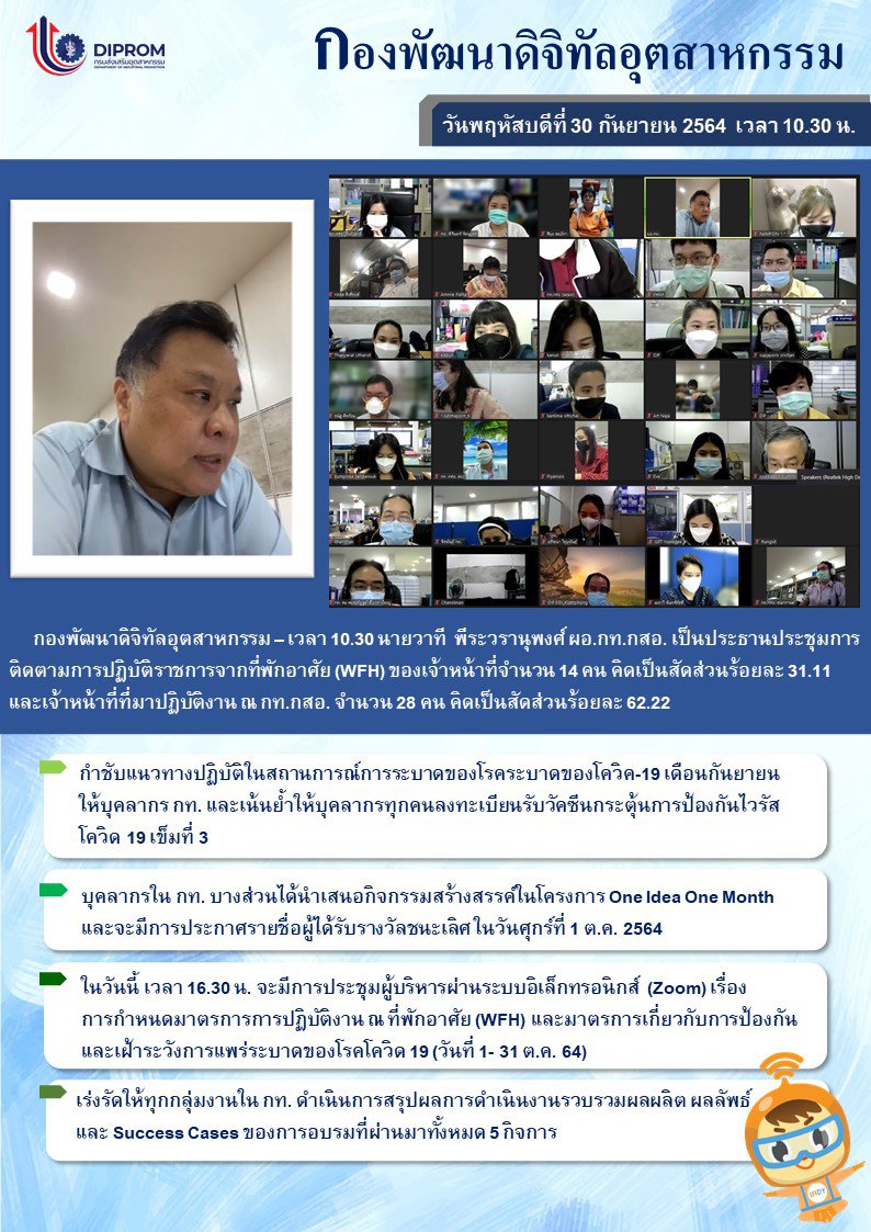 ประชุมวันที่ 30 กันยายน 2564 กองพัฒนาดิจิทัลอุตสาหกรรม ประชุมเจ้าหน้าที่ กท.กสอ. ผ่านระบบ zoom