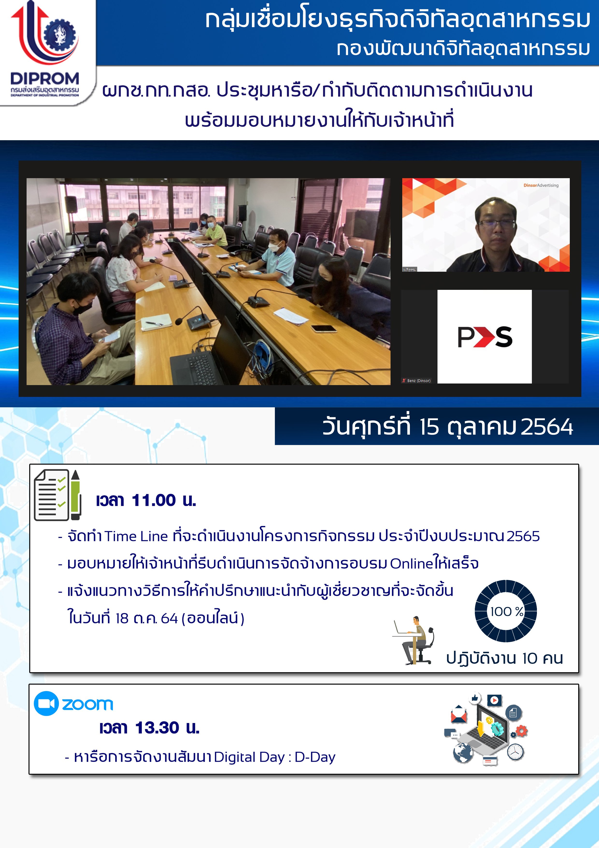 ประชุมวันที่ 15 ตุลาคม 2564 กองพัฒนาดิจิทัลอุตสาหกรรม ประชุมเจ้าหน้าที่ กท.กสอ. ผ่านระบบ zoom