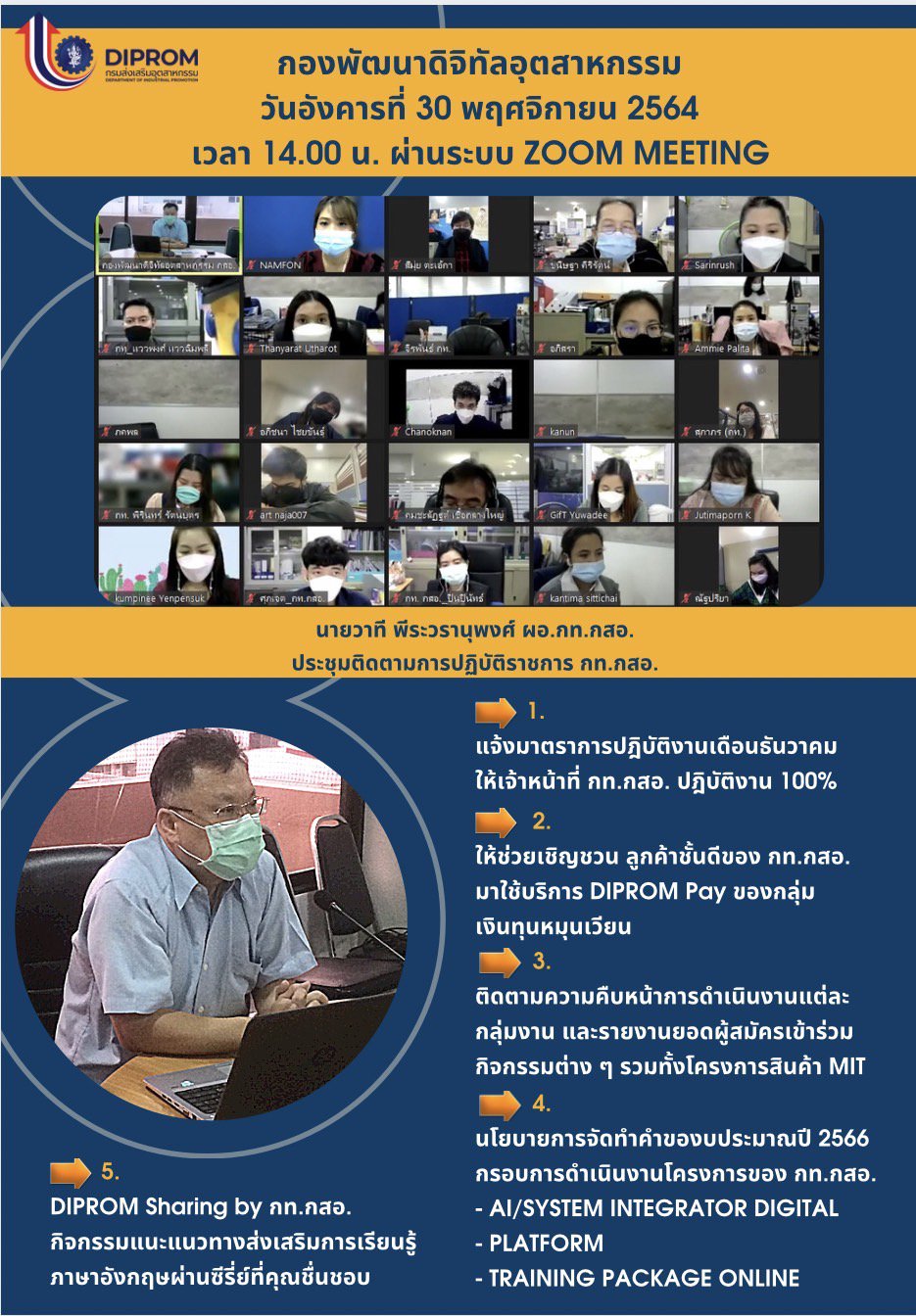ประชุมวันที่ 30 พฤศจิกายน 2564 กองพัฒนาดิจิทัลอุตสาหกรรม ประชุมเจ้าหน้าที่ กท.กสอ. ผ่านระบบ zoom