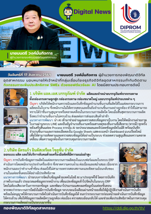 ผอ.กท. มอบเจ้าหน้าที่ กช.กท. กำกับติดตามกิจกรรมการเพิ่มประสิทธิภาพ SMEs ด้วยซอฟต์แวร์และ AI