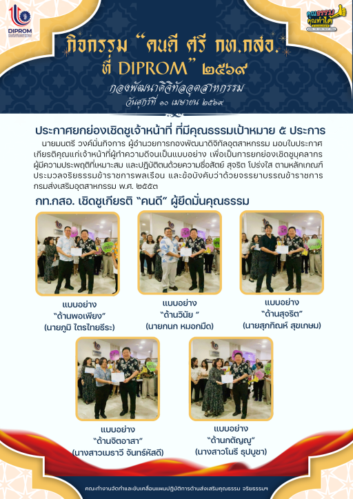 กิจกรรมมอบใบประกาศ บุคคล กท.กสอ. เชิดชูเกียรติ “คนดี” ผู้ยึดมั่นคุณธรรม