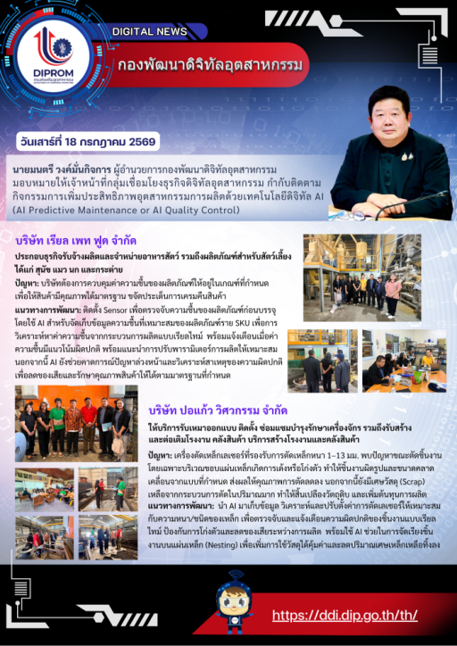 ผอ.กท. มอบเจ้าหน้าที่ กช.กท. ติดตามกิจกรรมการเพิ่มประสิทธิภาพอุตสาหกรรมการผลิตด้วยเทคโนโลยีดิจิทัล AI (AI Predictive Maintenance or AI Quality Control)