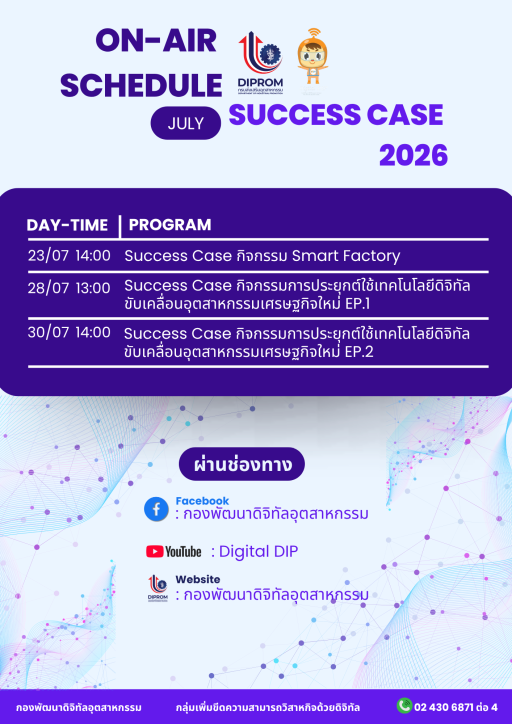 ตลอดเดือนกรกฎาคมนี้ พบกับคลิปเรื่องราวความสำเร็จ (Success Case) จากผู้ประกอบการที่เข้าร่วมกิจกรรมของกองพัฒนาดิจิทัลอุตสาหกรรม กลุ่มเพิ่มขีดความสามารถวิสาหกิจด้วยดิจิทัล