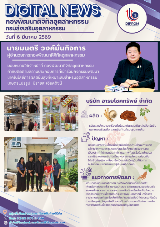 กองพัฒนาดิจิทัลอุตสาหกรรมกำกับติดตามสถานประกอบการที่เข้าร่วมกิจกรรมพัฒนาเทคโนโลยีการผลิตชั้นสูงที่เหมาะสมสำหรับอุตสาหกรรมเกษตรแปรรูป